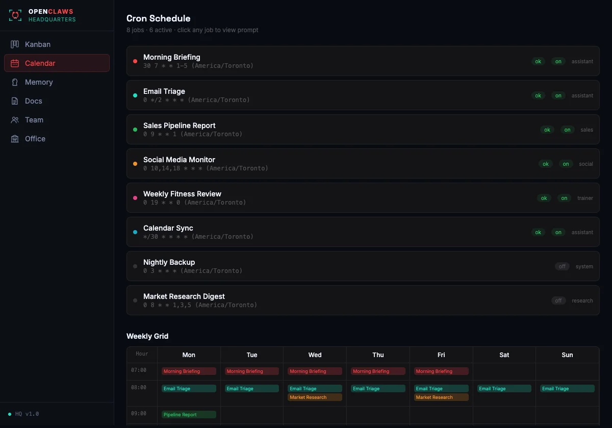 Calendar view — manage schedules and agent tasks
