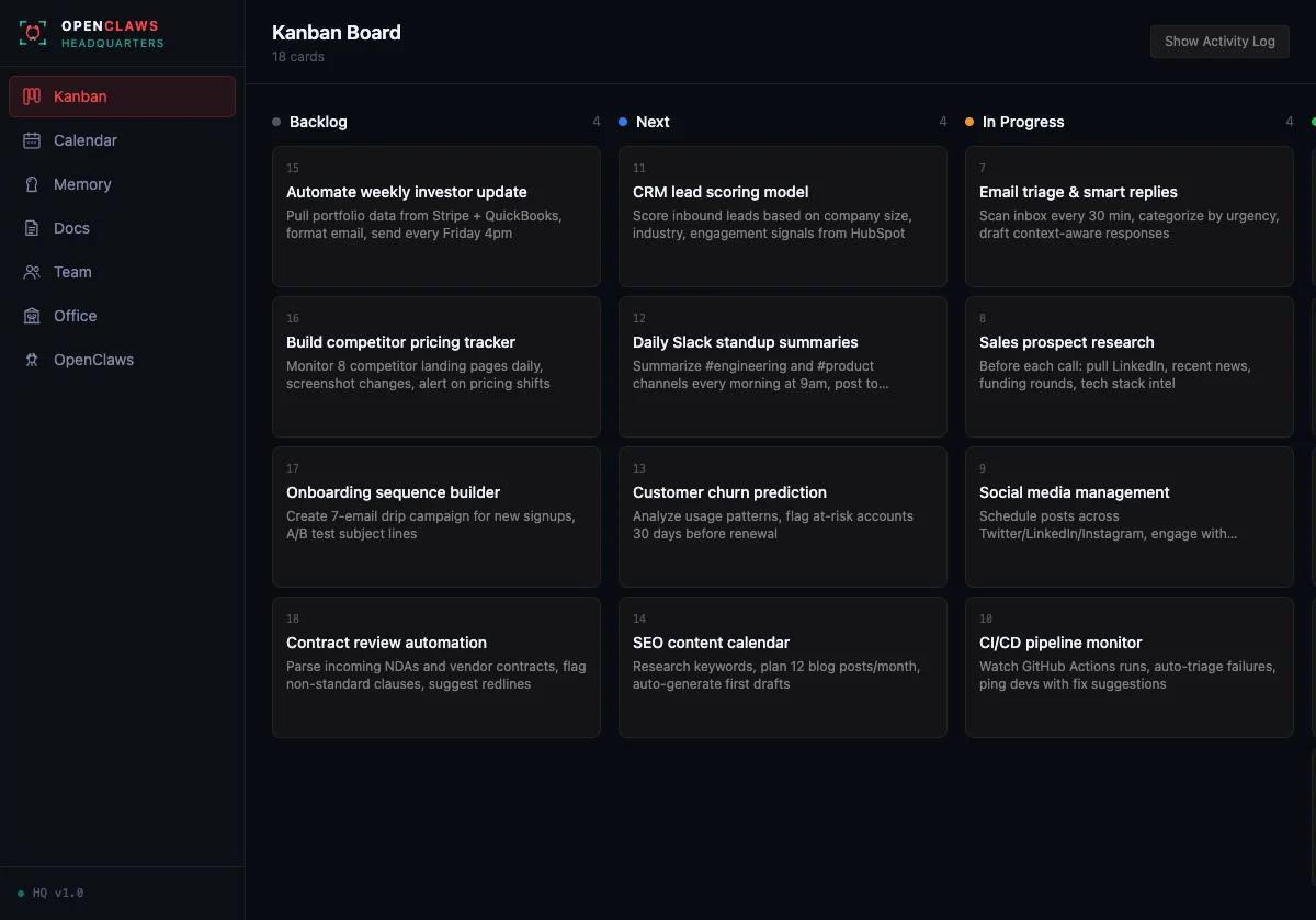 HQ Kanban Board — task management for your AI agent fleet